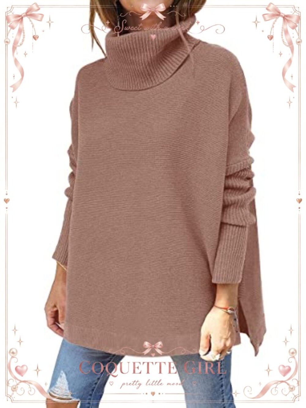 Turtleneck Sweater Long Batwing Sleeve Oversized Pullover Slit Knit Top